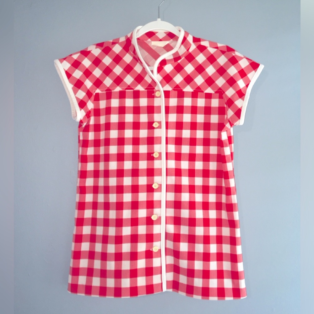 🐜 VINTAGE red and white gingham button-up short sleeve shirt, small — VGUC
